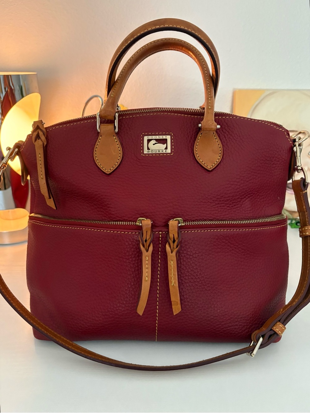 Dooney & Bourke Dillen Burgundy Leather Satchel with Tan Trim